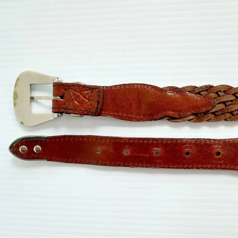 Vintage Crocodile Back, Woven Leather Belt Brown Silver Decorative Buckle